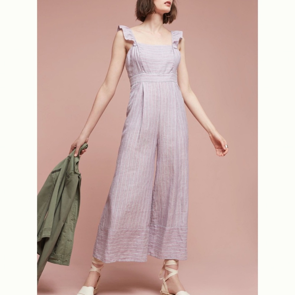 Anthropologie Linen Jumpsuit with Ruffle Straps